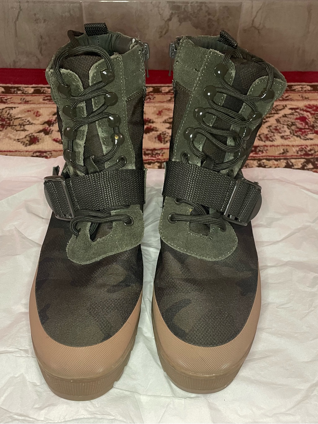 Olive Green Lace-Up Combat Boots With Tan Soles